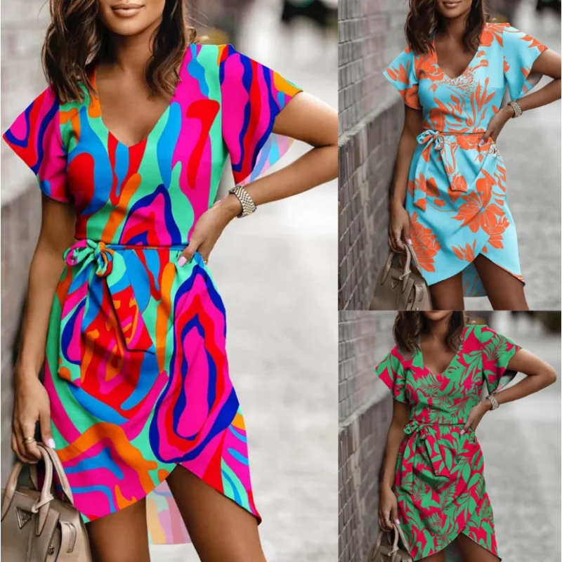 

Женское платье с коротким рукавом, Красное или зеленое асимметричное платье на шнуровке с принтом, Новинка лета 2023