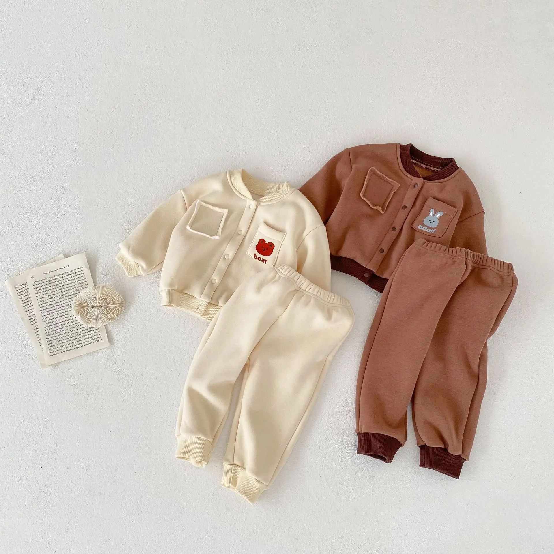 

2022 Autumn Children Cartoon Animal Pockets Outerwear Set Girl Baby Cotton Bear Tops+solid Pants 2pcs Suit Boy Rabbit Coat Suits