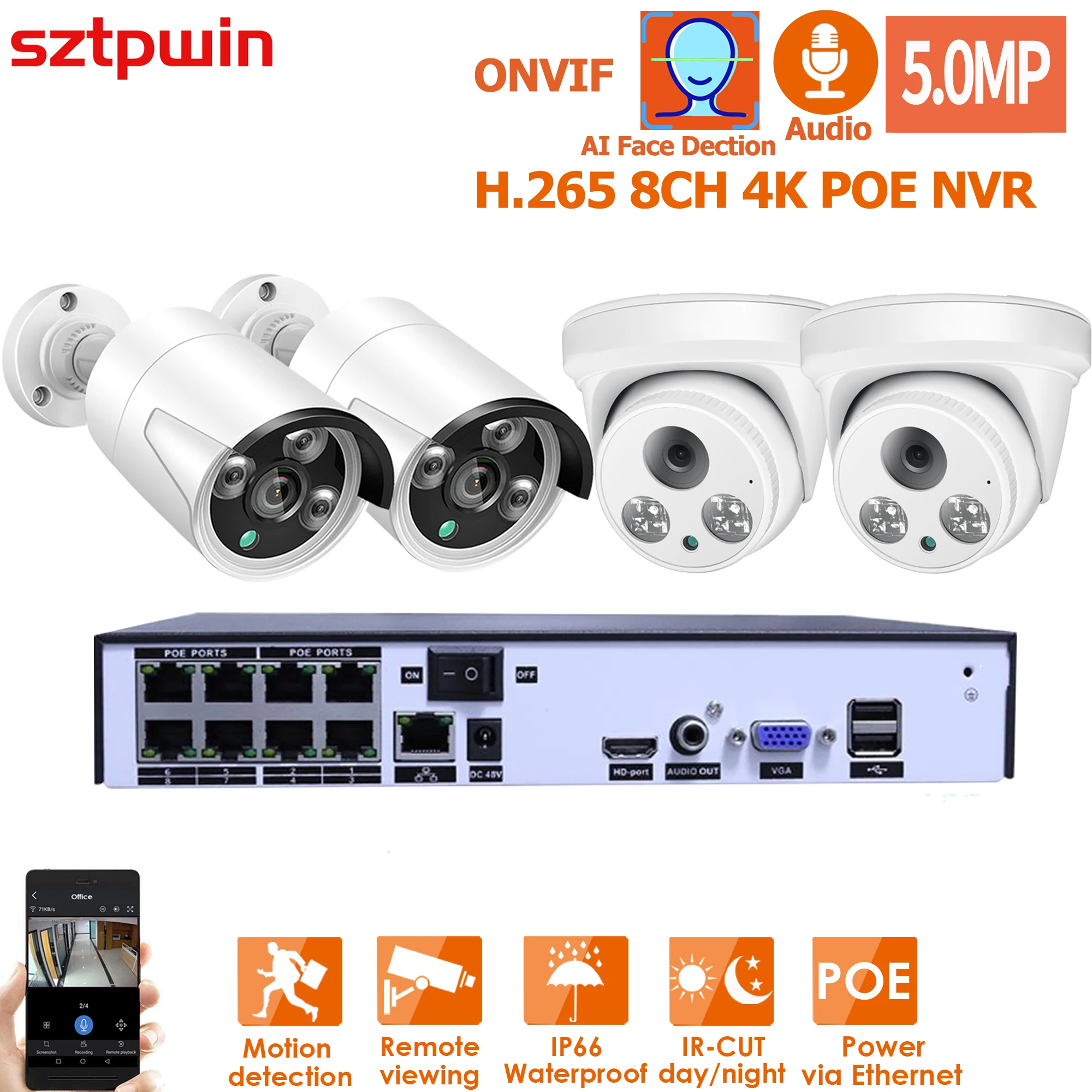 

H.265 6CH 5mp POE NVR Kit Система видеонаблюдения 4MP IP POECamera P2P IR IP66 распознавание лица погодозащищенное видеонаблюдение Xmeye