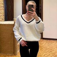 white with oversized v mango neckline womens jersey 2021 autumn striped mesh jumper casual preppy pulley mesh