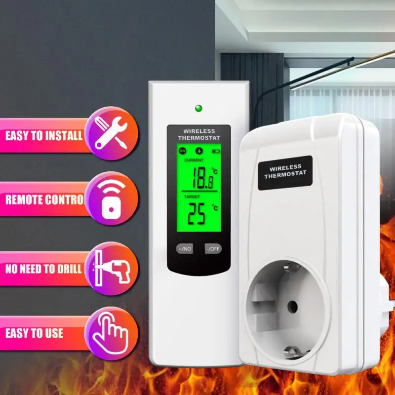 

For Heater Wireless Thermostat Remotely Control Lcd Display Plug In Thermostat Green Backlight Temperature Controller