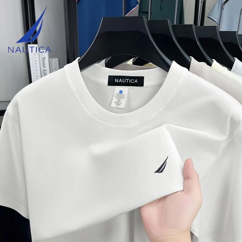 Фото 2026Brand NAUTICA, новая летняя футболка с короткими рукавами, мужская модная повседневная свободная футболка с круглым вырезом и короткими рукавами №1
