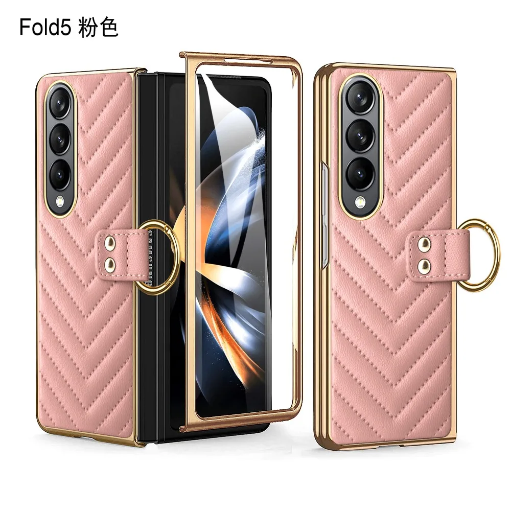 Фото Роскошный кожаный чехол в клетку для Samsung Z Fold 4, противоударный чехол из закаленного стекла с кольцом для Samsung Z Fold 5, чехол №5