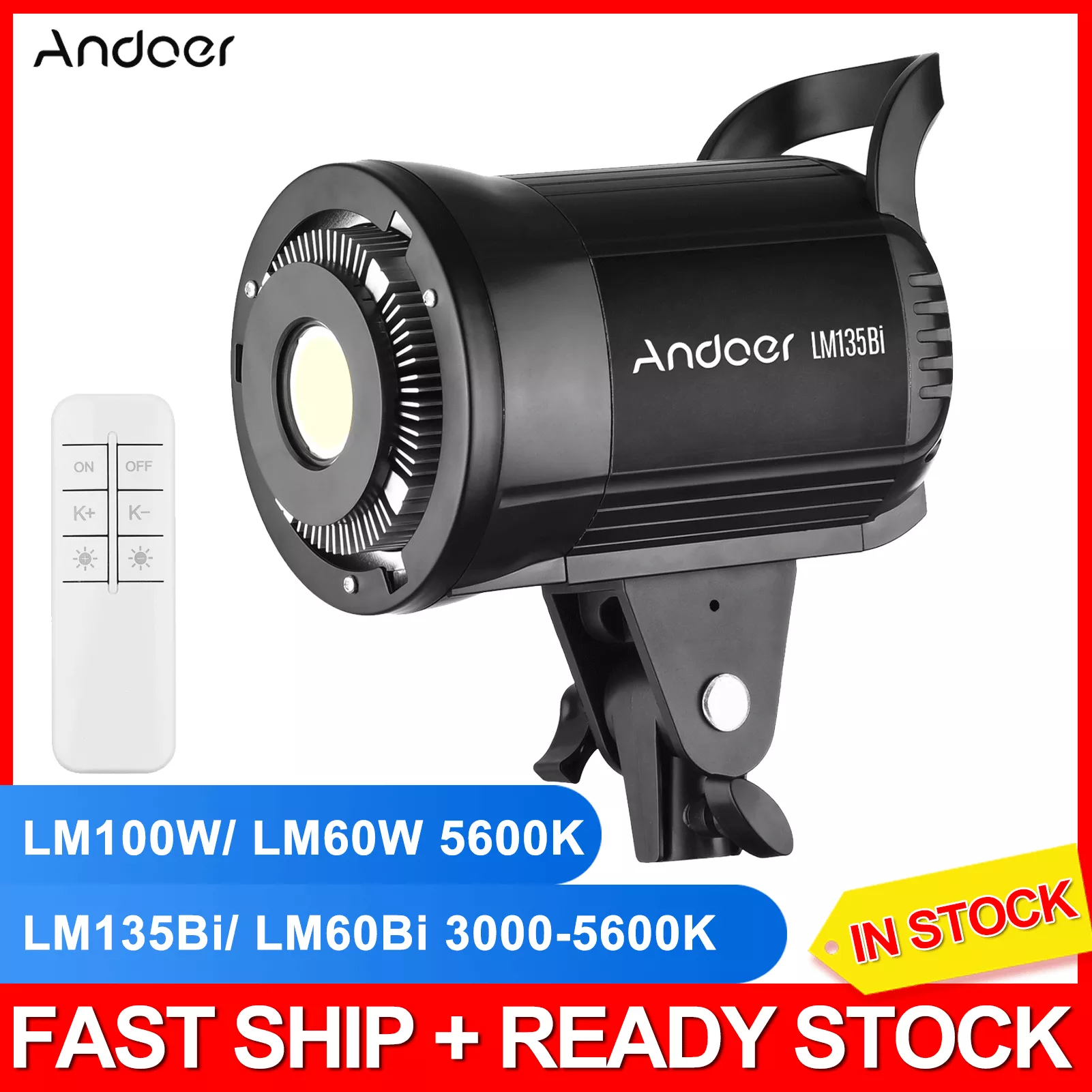 

Andoer LM135Bi 135W Studio LED Video Light 3000K-5600K Dimmable Bowens Mount Continuous Light for Live Streaming Video Recording