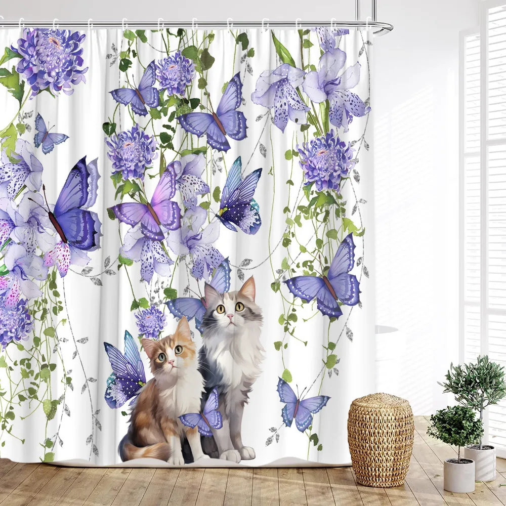 Занавеска для душа с фиолетовыми цветами милая забавная кошка Бабочка растение