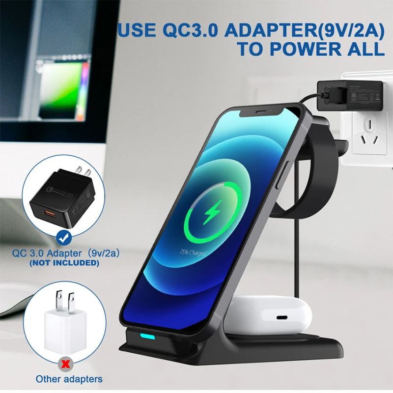 

15W Wireless Charger Stand 3 In 1 Fast Charging Dock Station For Apple Watch 6 5 4 3 AirPods iPhone 12 11 XS XR X 8 Induction