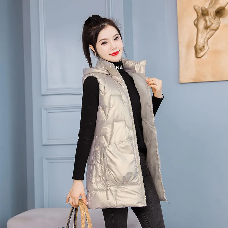 

Women Autumn Winter Long Casual Thicken Waistcoat Cotton Padded Hooded Sleeveless Jacket Coat Vest For Female