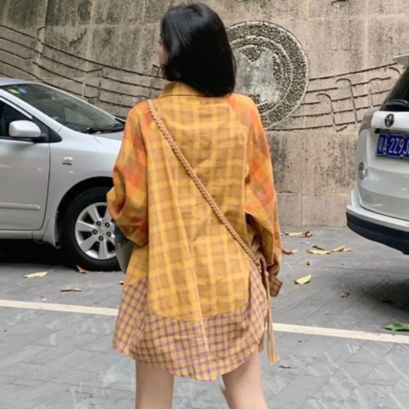 Плюс размер корейская клетчатая рубашка с вышивкой повседневная модная куртка