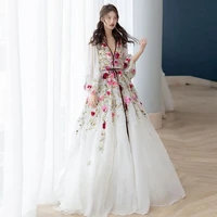 white tulle prom dress v neck sequins beaded dress floral dresses long sleeve evening dress elegant wedding guest dress woman