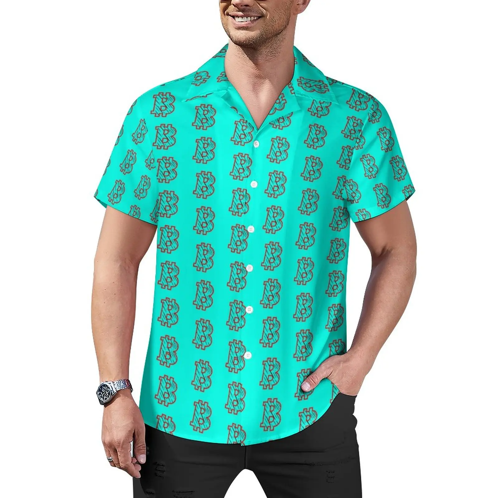 

Bitcoin B Tiger Loose Shirt Male Beach Virtual Currency Casual Shirts Summer Custom Short-Sleeve Stylish Oversized Blouses