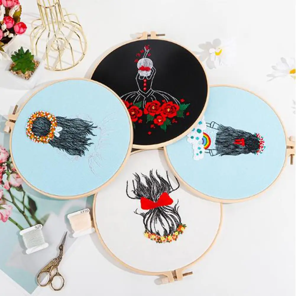 

Sketch Girl DIY Embroidery Kit Needlework with Hoop for Beginner Cross Stitch Starter Set Handmade Sewing Craft Art Gift