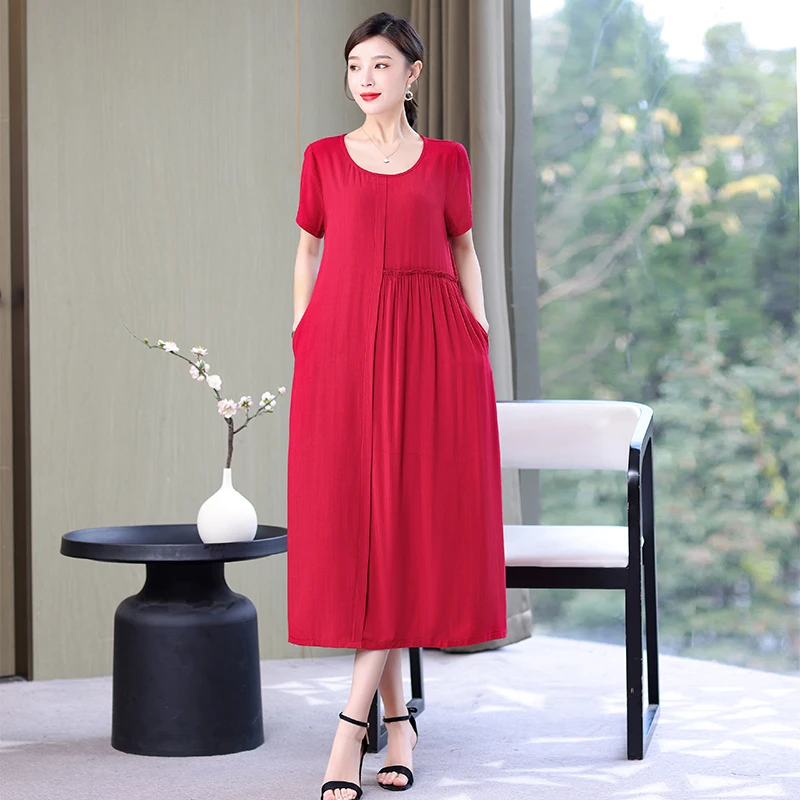 

Solid Women Summer Dress O Neck Ladies A Line Dresses Casual Short Sleeve Loose Fashion Pockets 2022 Female Holiday Dress