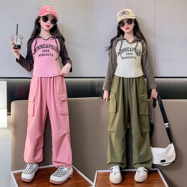 

Girl's Tracksuit Sets School Clothes for Children Autumn Long Sleeve Shirs + Cargo Pants Hip Teen Girl Sportwear Tracksuit Kids
