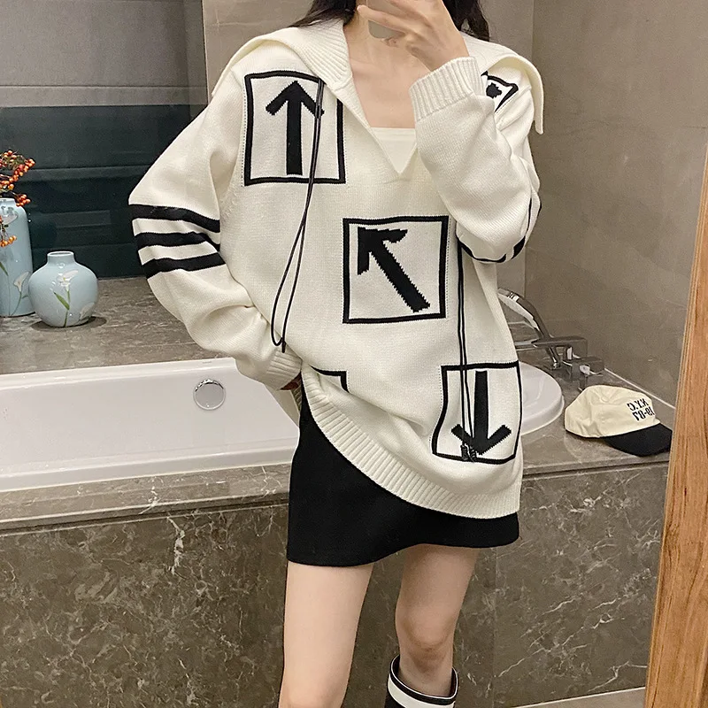 

High Quality European Station 2022 Winter New Design Sense Navy Neck Mid Length Wool Knit Women's Westernized Slouchy Sweater