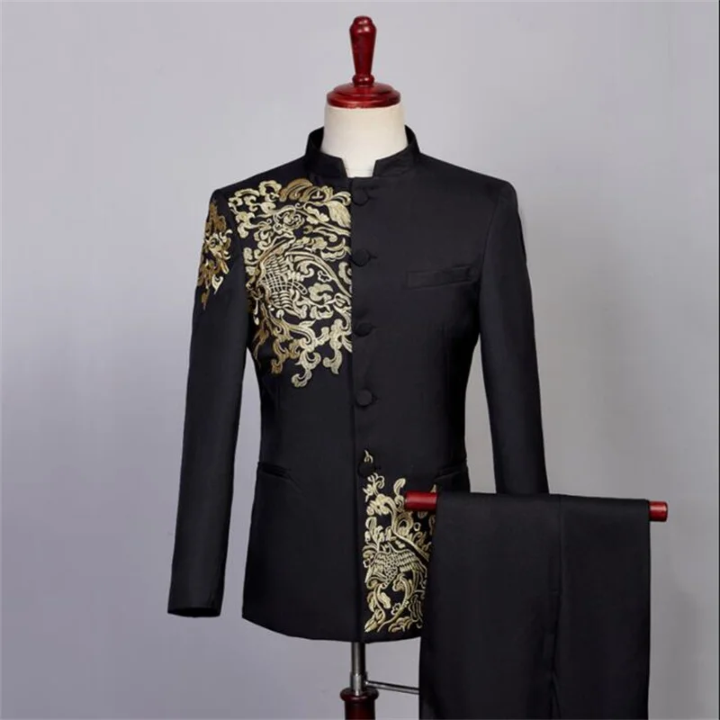 Blazer men embroidery Chinese tunic suit set with pants mens wedding suits costume singer star style stage clothing formal dress