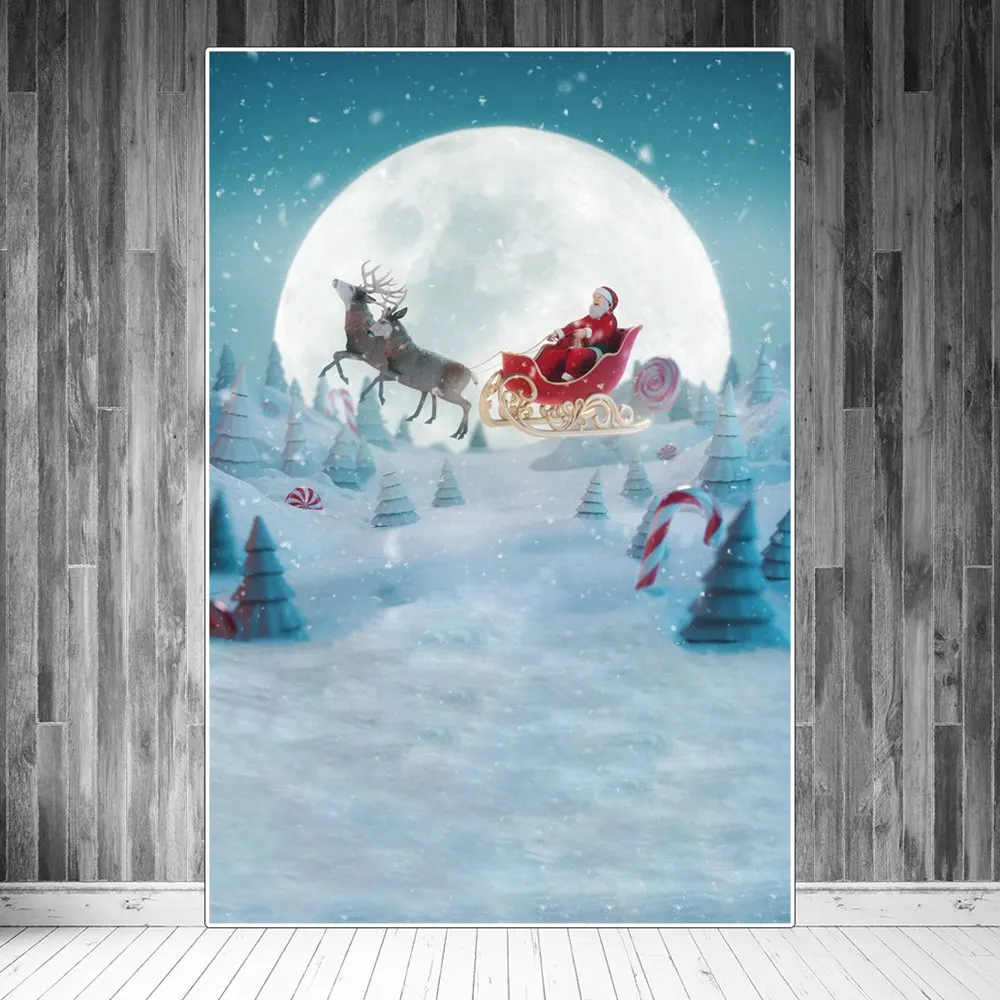 

Christmas Father Reindeer Sleigh Moon Snow Forest Photography Backdrops Custom Baby Party Decoration Photographic Backgrounds