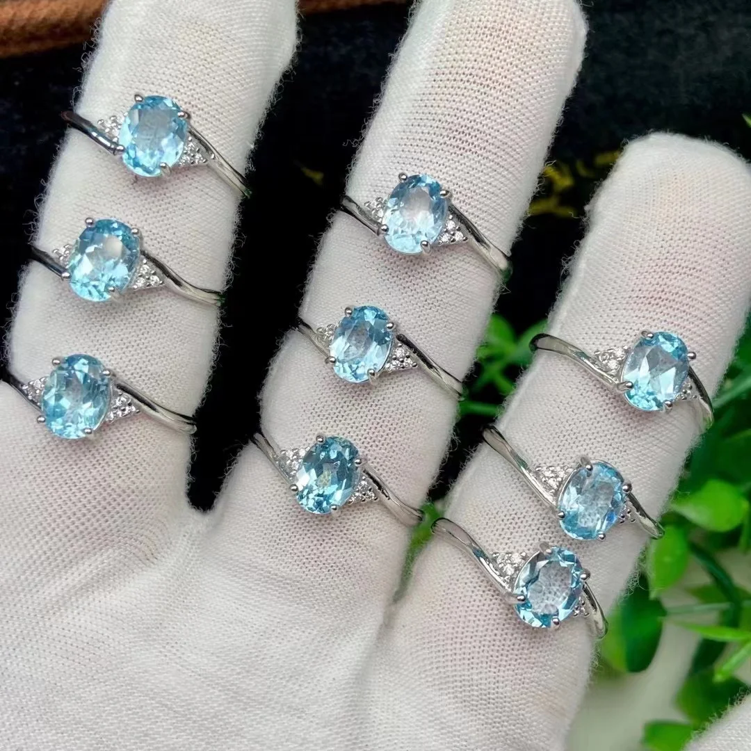 10PCS Luxury Natural Blue Topaz Ring For Women Fashion Healing Crystal Gemstone Adjustable Ring Engagement Party Jewelry Gifts