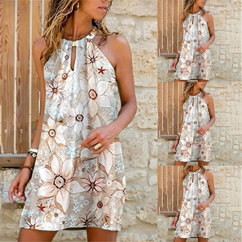 

Women Sexy Metal Hanging Halter A-Line Dress Sleeveless Floral Beach Sundress