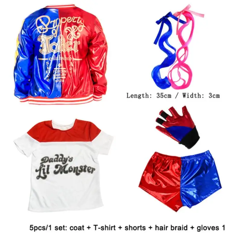 

Костюм Harley Quinn для косплея детей отряд самоубийц Харли Джокер Квинн вышитые комплекты куртка Харли Куинн платье монстра клоуна