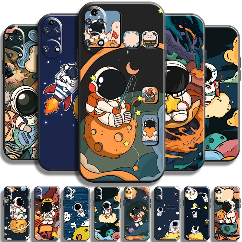 

Cute Astronaut Space Station For Huawei P50 P50 Pro Phone Case Carcasa Soft Liquid Silicon Shockproof Coque Black Funda Shell
