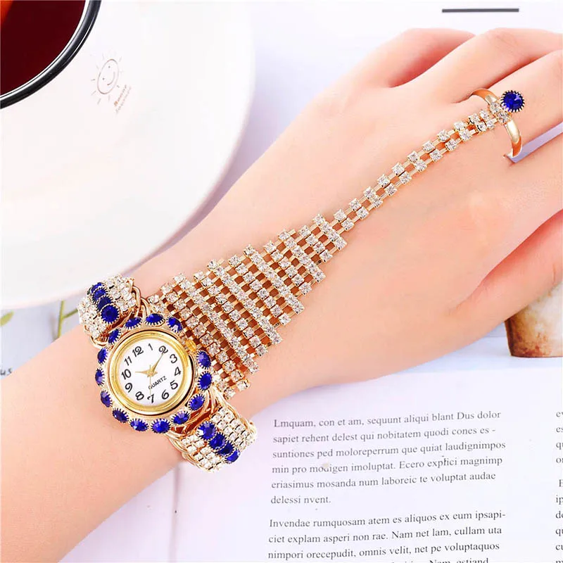 2023 New Hot Sale Luxury Colorful Shining Dense Inlay Round Small Dial Women's Quartz Watch Set Girlfriend Fashion Gift