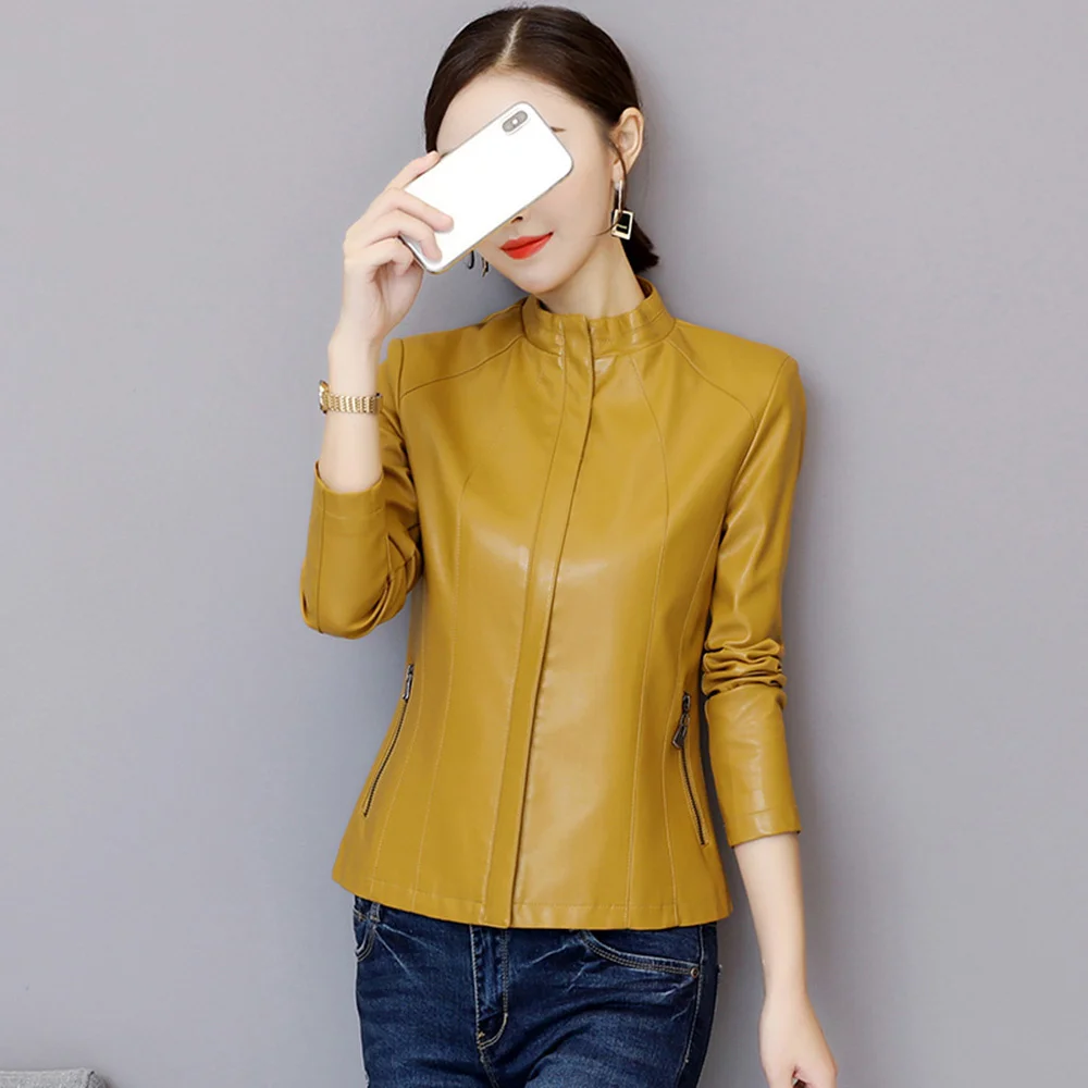 Women New Leather Jacket Autumn Winter Simple Fashion Thick Stand Collar Solid Color Short Sheepskin Coat Slim Outerwear Female