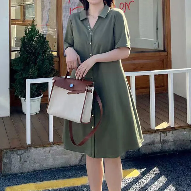 Summer Clothes for Women Turn-down Collar Solid Color Splicing Button Short Sleeve Casual Plus Size A-line Knitted Midi Dress