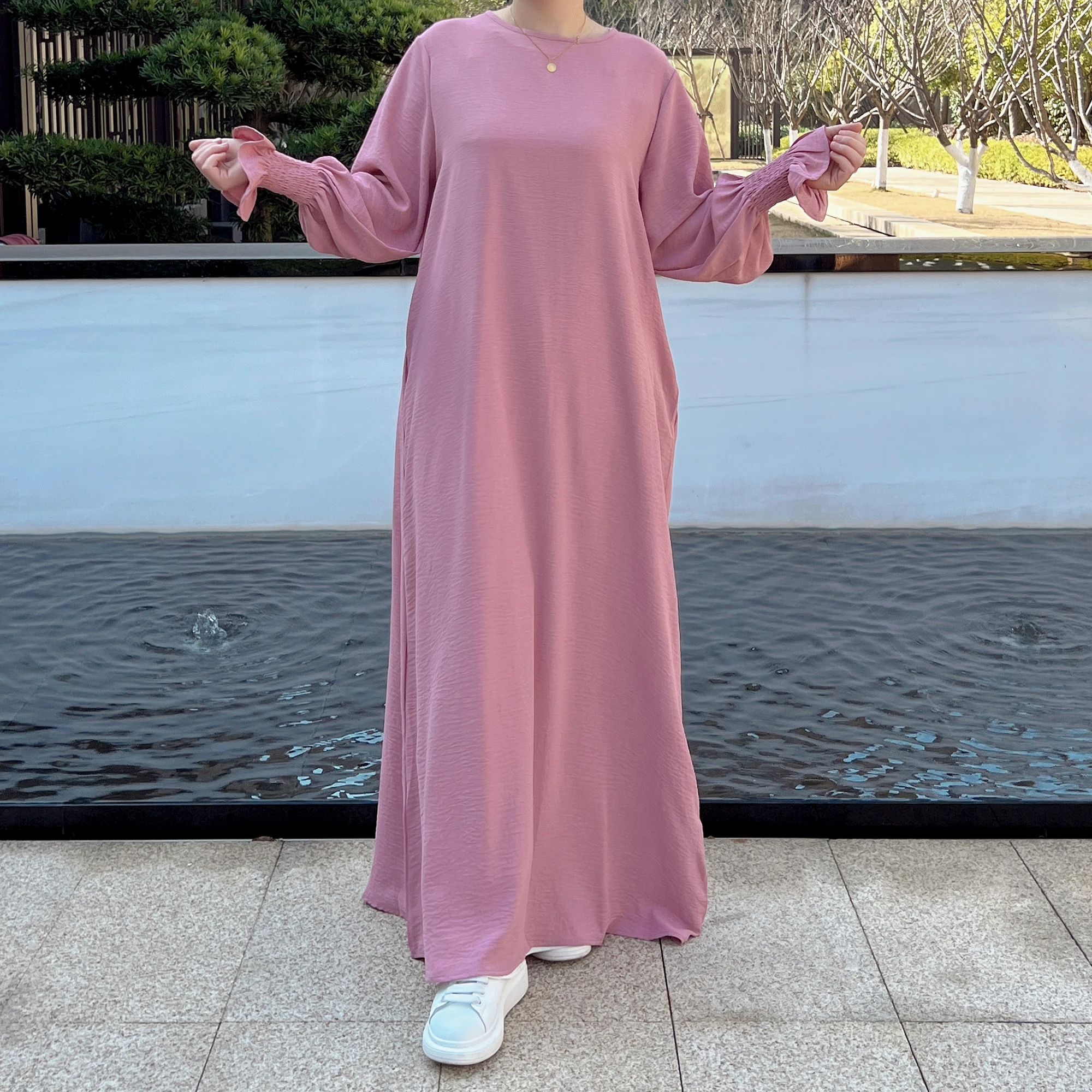 

Under Abaya Inner Long Slip Dress Solid Color Smocked Cuffs Islamic Clothing Muslim Woman Gown Casual Dubai Turk Modest Robe