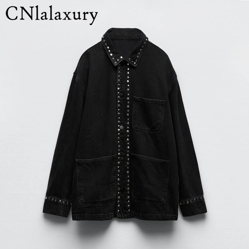 

Повседневная Женская Черная джинсовая куртка CNlalaxury с заклепками и длинными рукавами, ковбойские куртки, винтажная модная верхняя одежда