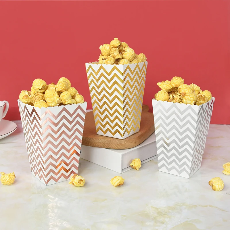 

6/12Pcs Popcorn Box Rose/Gold/Silver Stripe Wave Dot Popcorn Container Movie Party Pop Corn Candy/ Snack Favor Treat Box Case