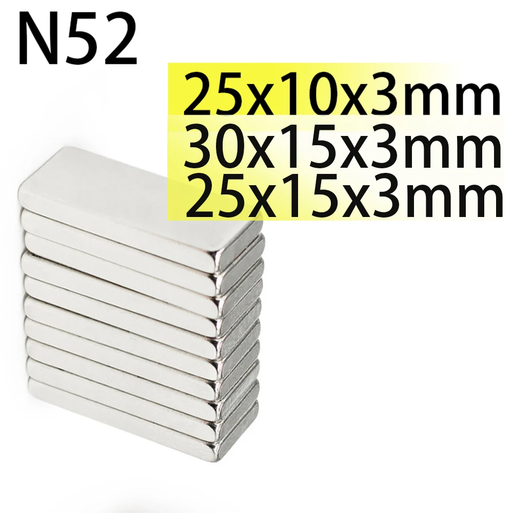 

N52 25x10x3mm 30x15x3 25x15x3 30x13.6x3mm Standard size magnecit Square Neodymium Bar Block Strong Magnets Motor Generator