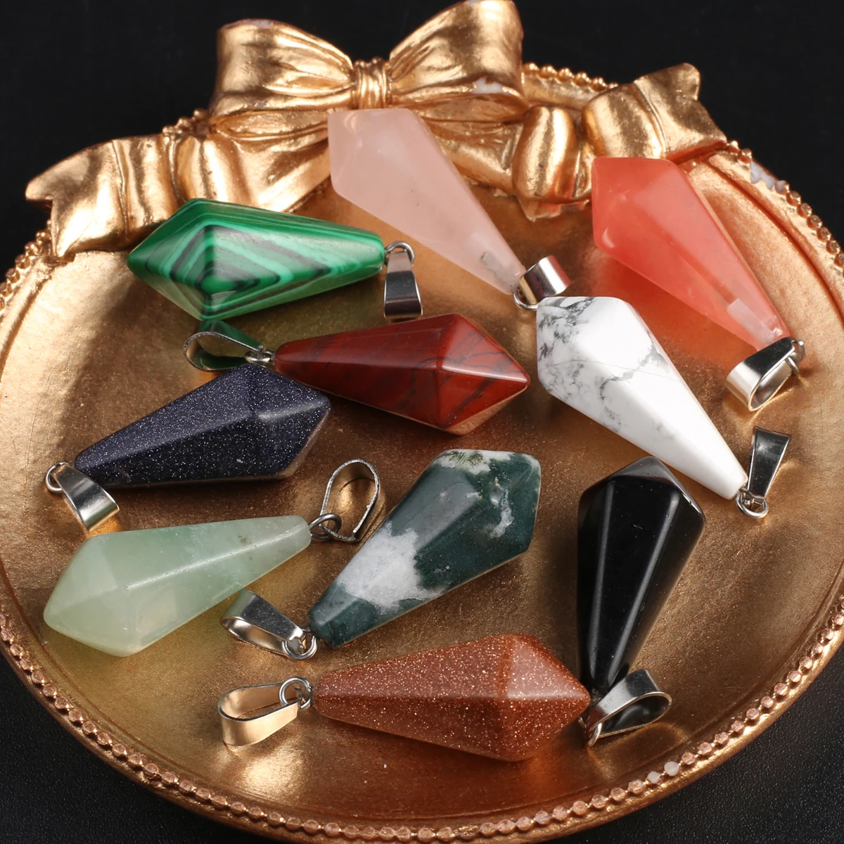 

Wholesale Price Crystal Hexagonal Pendant 31x12mm Natural Stone Agate Malachite Jewelry Making DIY Necklace Earrings Accessories