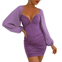 hot v neck long sleeved dress 2022 summer solid color mesh short skirt sexy waist bag hip elegant dresses for women dropshipping