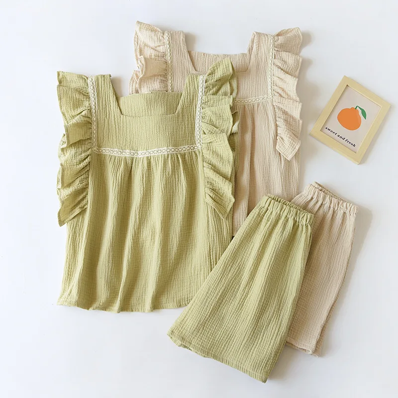 

Summer new women's pajamas 2-piece set 100% cotton crepe vest + shorts sweet solid square neck ruffle home clothes thin pyjamas