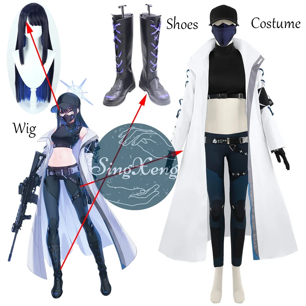 SingXeng Game Blue Archive Project MX Jomae Saori Cosplay Costume Wig Long Trench Coat Boot Woman Sexy Halloween Carnival Suit
