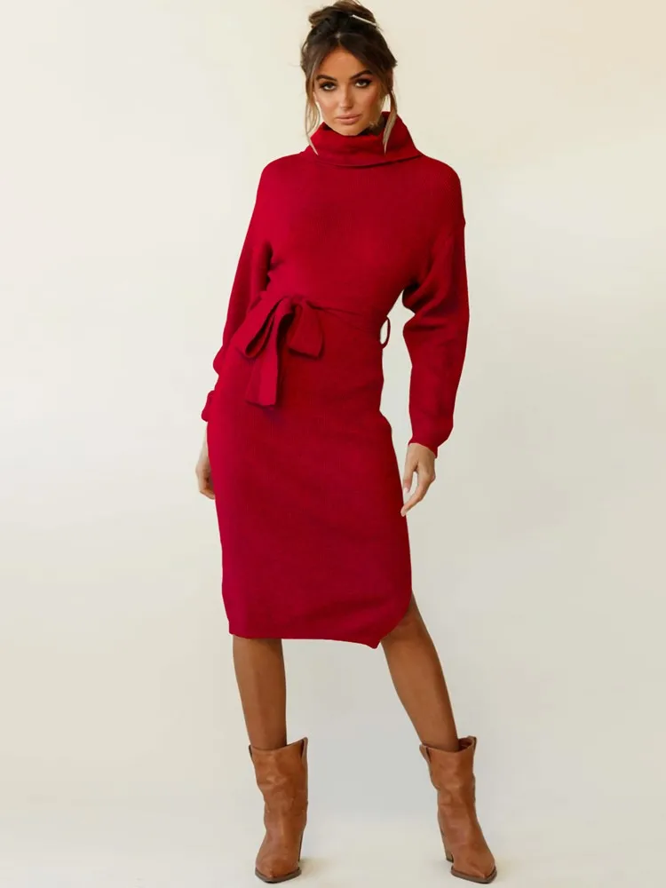 

Knitted Sweater Dress Women Turtleneck Full Sleeve Ropa Mujer Spring Autumn New Solid Streetwear Casual Straight Dress Vestidos