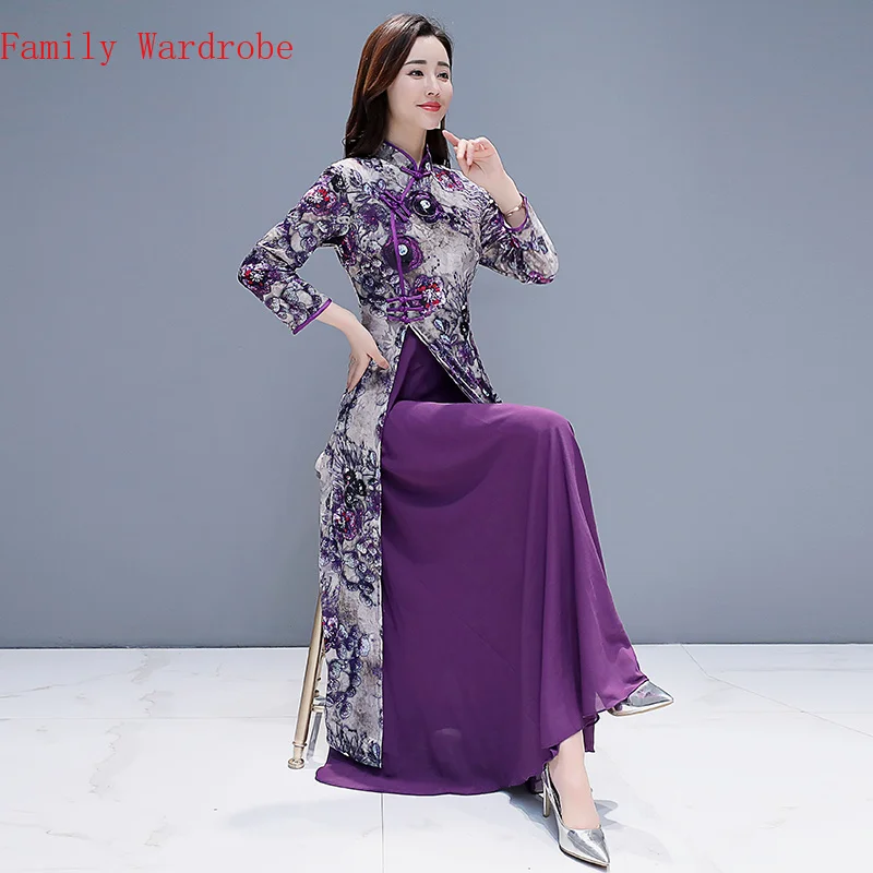 

Purple Chinese Style Dress Cheongsam Women Modern Improve Eleganti Long Qipao Spring Autumn Vintage Female Vietnam Ao Dai Dress