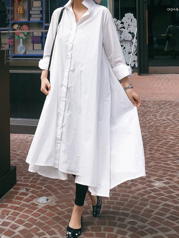 

LANMREM Solid Color Turn-down Collar Single Breasted Full Sleeve Long Shirt For Women 2022 Summer Female Fashion Clothing 2I823