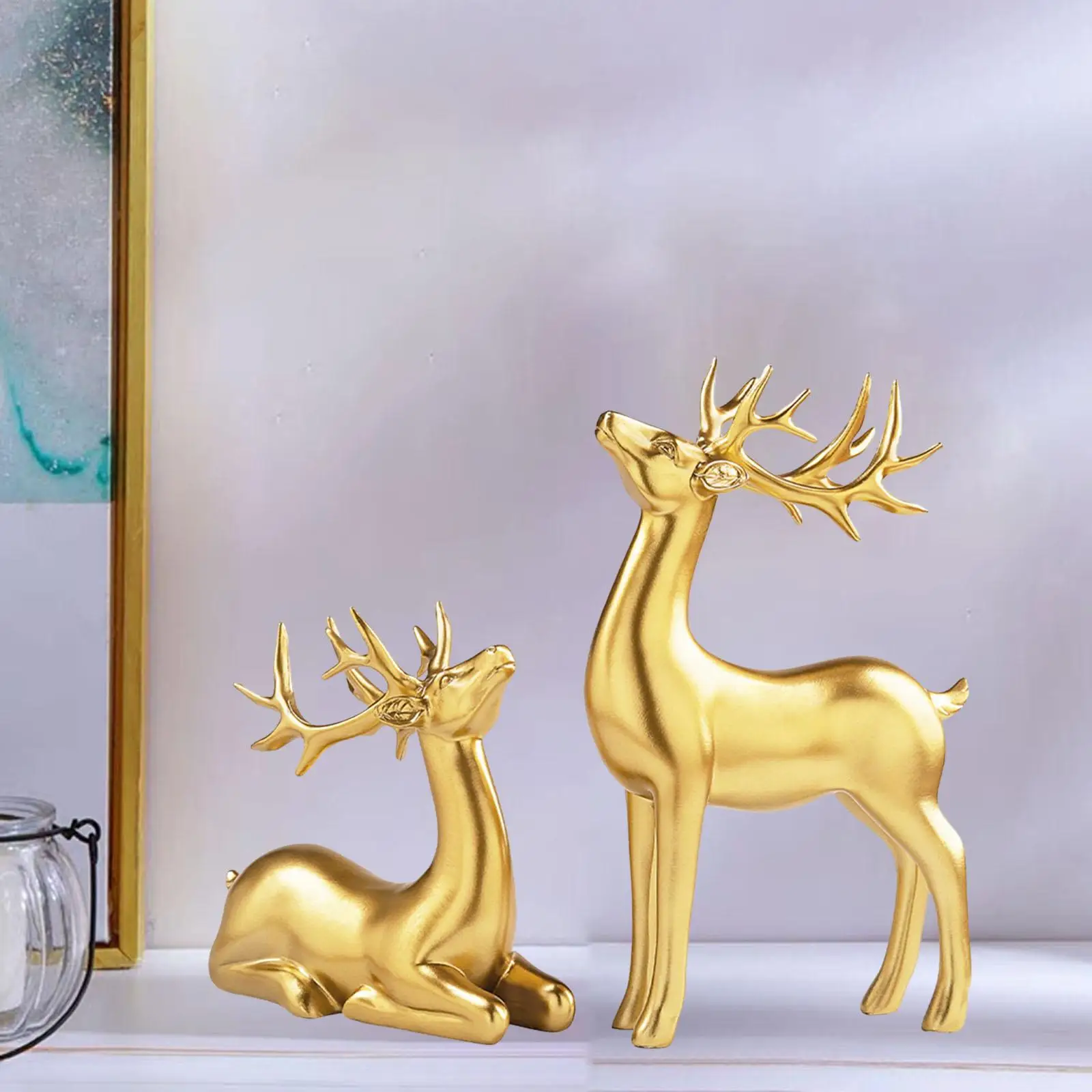 

2Pcs Couple Deer Statue Figurine Sculpture for Tabletop Bedroom Decoration