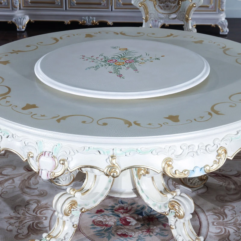 

European Court dining table French luxury classical dining table and chair combination Baroque solid wood table carved round tab