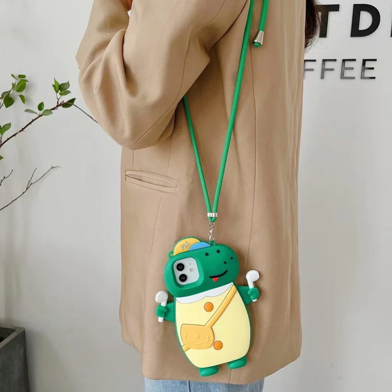 

3D Cartoon Dinosaur Lanyard Soft Case For iPhone 13Pro MAX Case 13Pro 12 11 XS MAX XR X 7 8Plus Cute Crossbody Strap Phone Cover