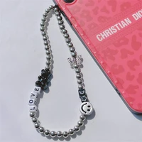 2022 trendy vintage love letter mobile phone chain hip hop smiley alloy beads cellphone pendant key lanyard charm women jewelry