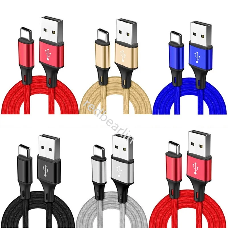 

100pcs 1M 2M 3M Type c USB-C Micro V8 Braided Nylon Usb Cable 2.4A Quick Charging Cables For Samsung s20 htc lg xiaomi huawei