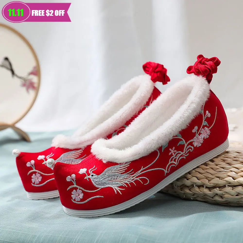 

Fairy Cosplay Traditional Chinese Shoes Embroidery Floral Vintage Hanfu Shoes Women High-heeled Beef Girl Winter Lolita Shoes