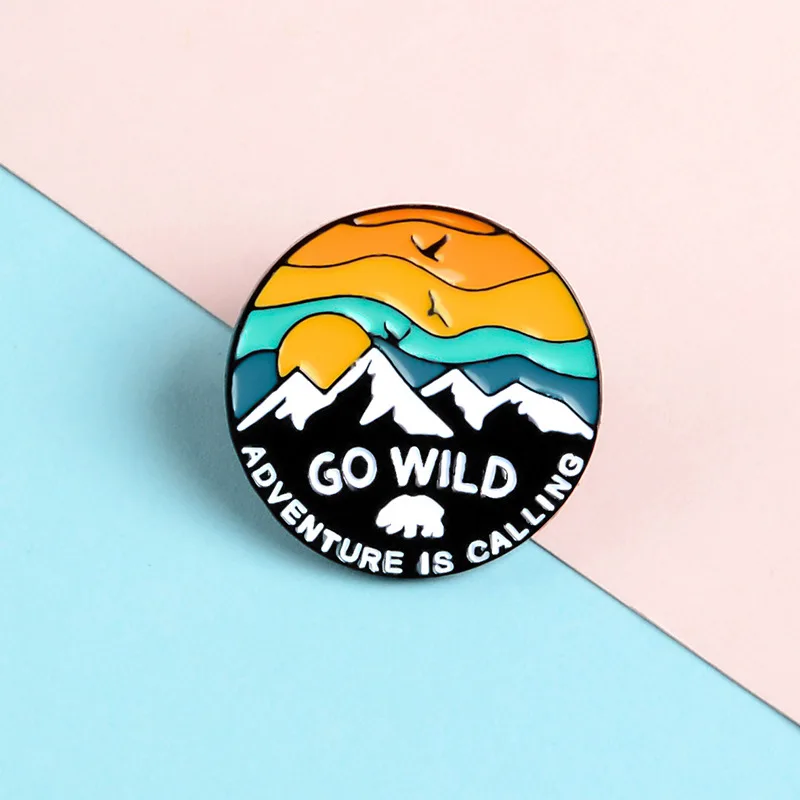 

Outdoor Adventure Outing Pins Sunset Snow Mountain Bird Pins Clothing Backpack Alloy Brooch Enamel Lapel Pins Badge Wholesale