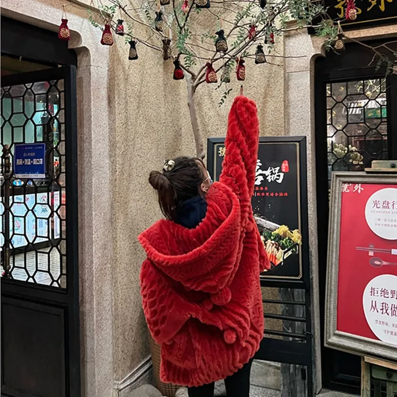 All Wool Grain Wool Coat Sheep Shearing Fur Coat Female Lamb Wool Snowball Fried Dough Twist Hooded Cute Snowball Twist Hooded