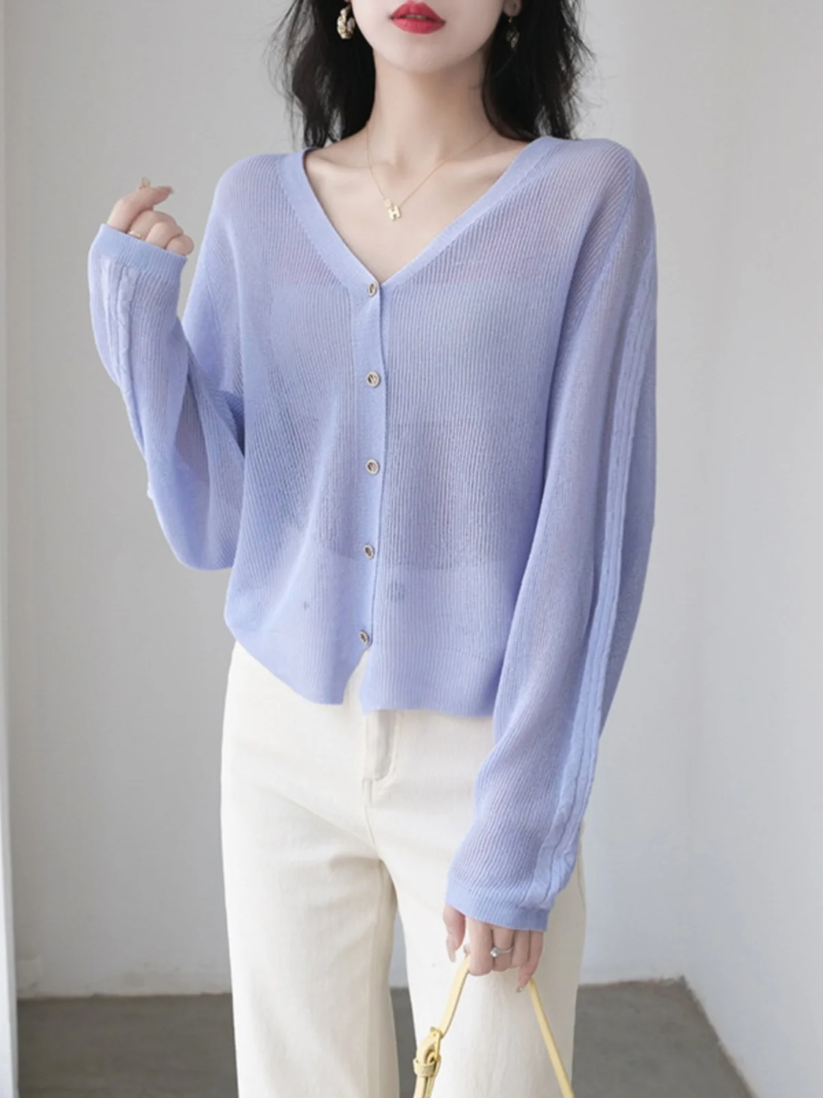 Ice Silk Sun Protection Clothing Cardigan Women 2024 Summer Thin Breathable Outdoor Airable Shirt V-neck Knitted Cover up Sho...