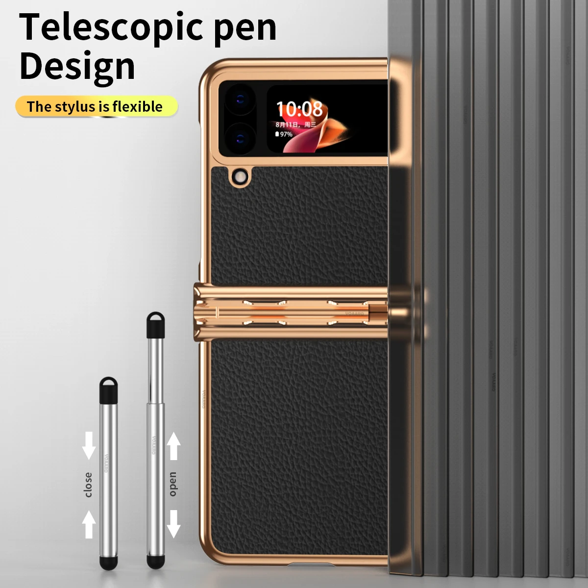 For Samsung Z Flip 4 Case Dual Hinge with Pen Slot Plating Leather Cover for Galaxy Z Flip 4 Hinge Case + Capacitance Touch Pen
