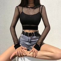 sexy black hollow out mesh t shirt female skinny crop top 2021 new fashion summer basic tops for women fishnet shirt