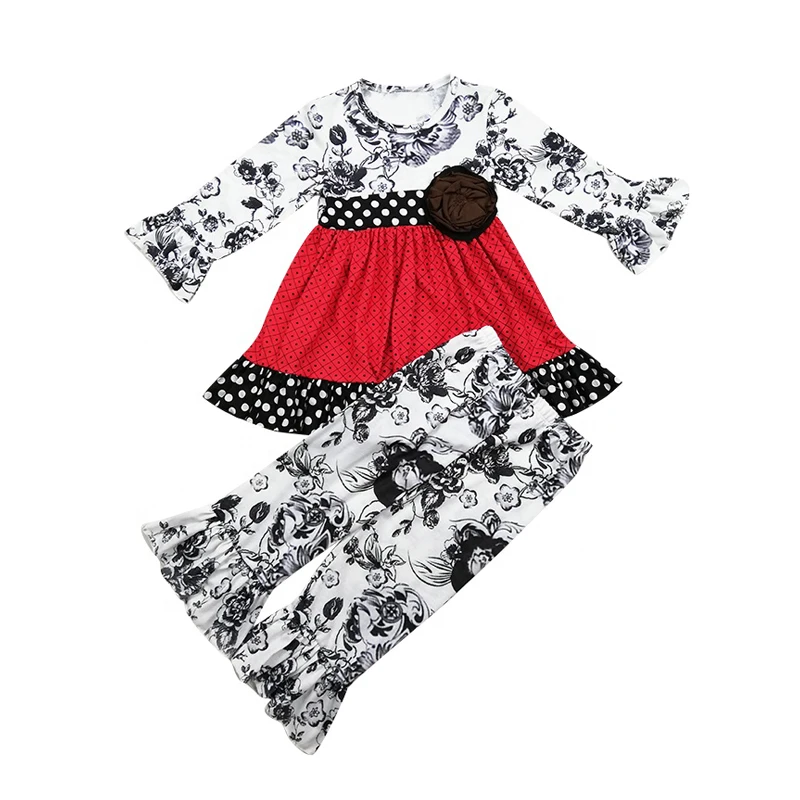 

High Quality Kids Set Cotton Girls Smudge Print Polka Dot Long Sleeve Dress with Flared Pants Suit Material 100%